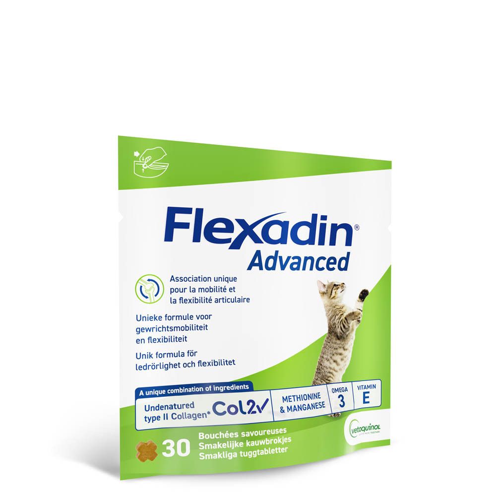 Sachet Flexadin Advanced avec 30 comprimés à mâcher savoureux. Contient Col2, Méthionine & Manganèse, Oméga 3 et Vitamine E.
