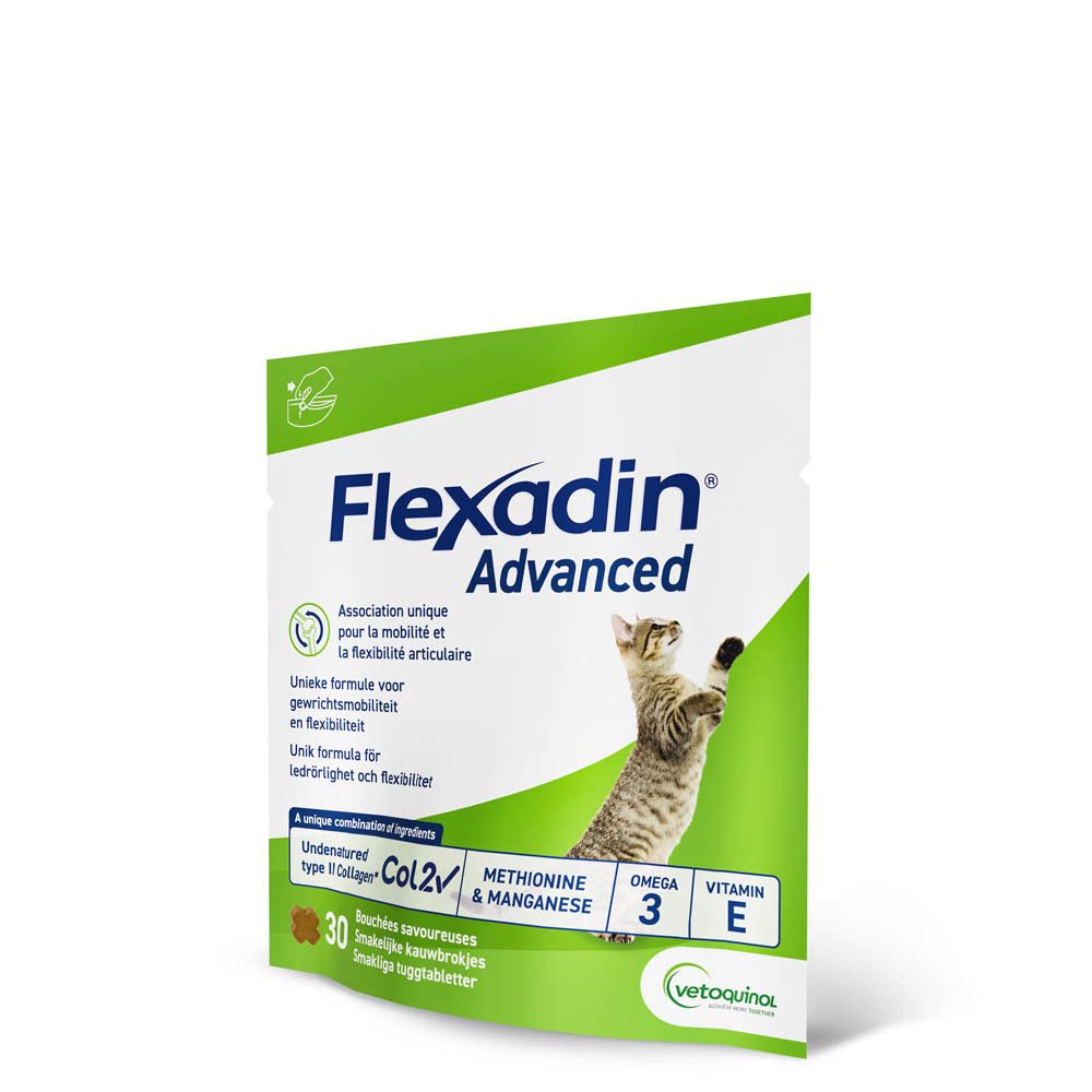 Sachet Flexadin Advanced avec 30 comprimés à mâcher savoureux. Contient Col2, Méthionine & Manganèse, Oméga 3 et Vitamine E.