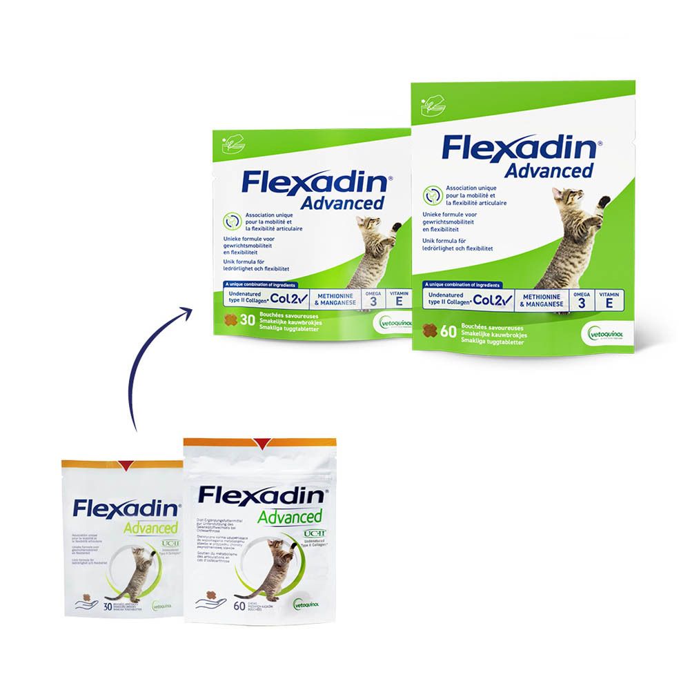 Sachet Flexadin Advanced avec 30 comprimés à mâcher savoureux. Contient Col2, Méthionine & Manganèse, Oméga 3 et Vitamine E.