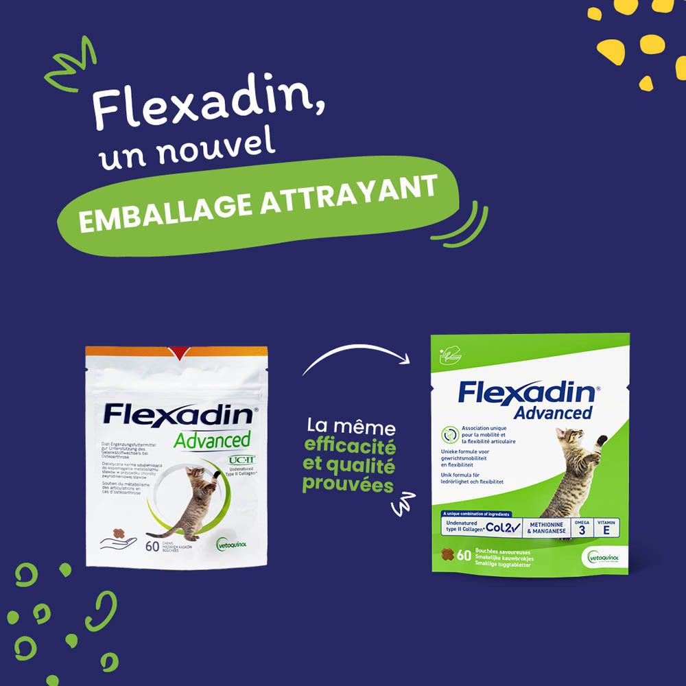 Sachet Flexadin Advanced avec 30 comprimés à mâcher savoureux. Contient Col2, Méthionine & Manganèse, Oméga 3 et Vitamine E.