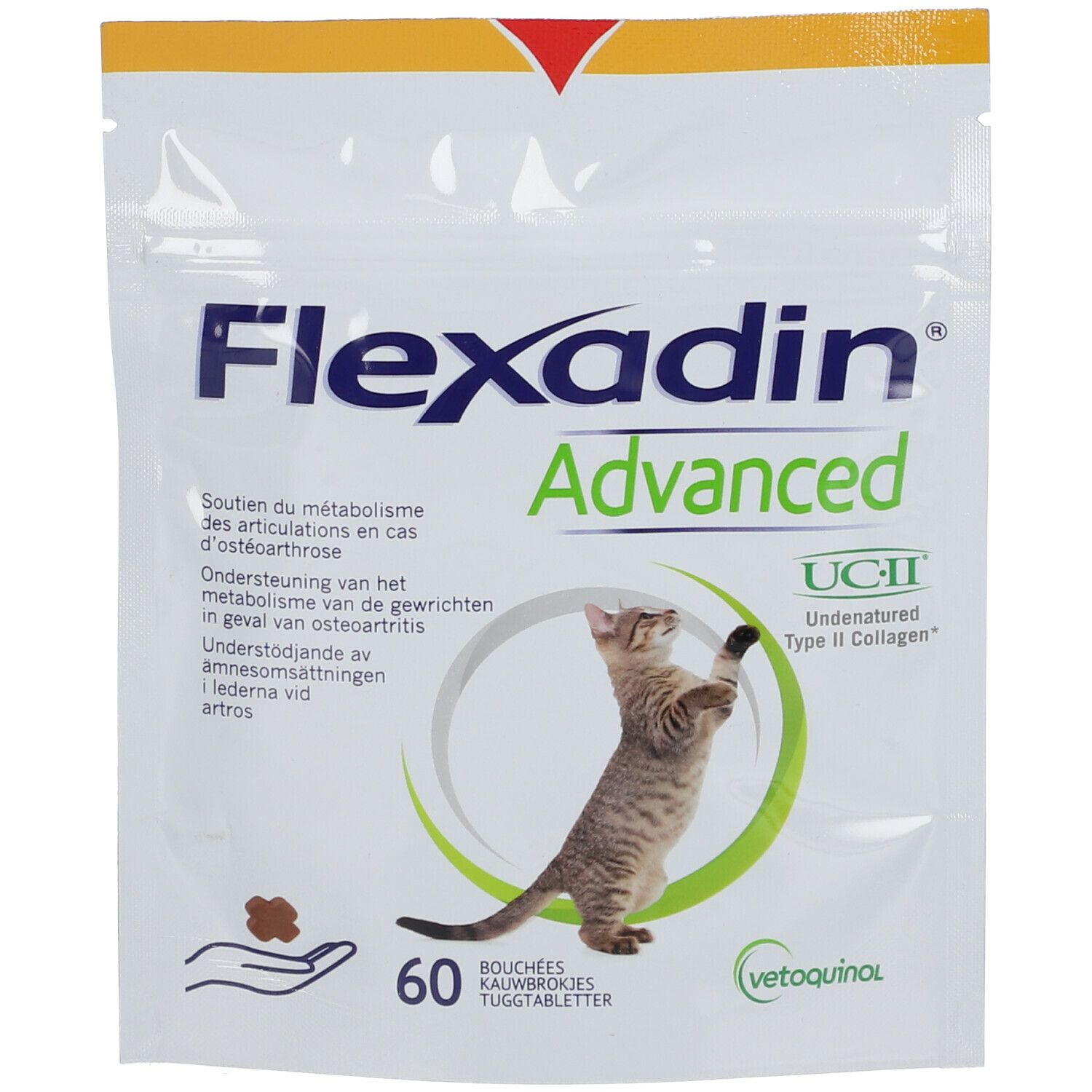 Sachet de Flexadin Advanced. Contient 60 comprimés à mâcher. Image d'un chat sur l'emballage.