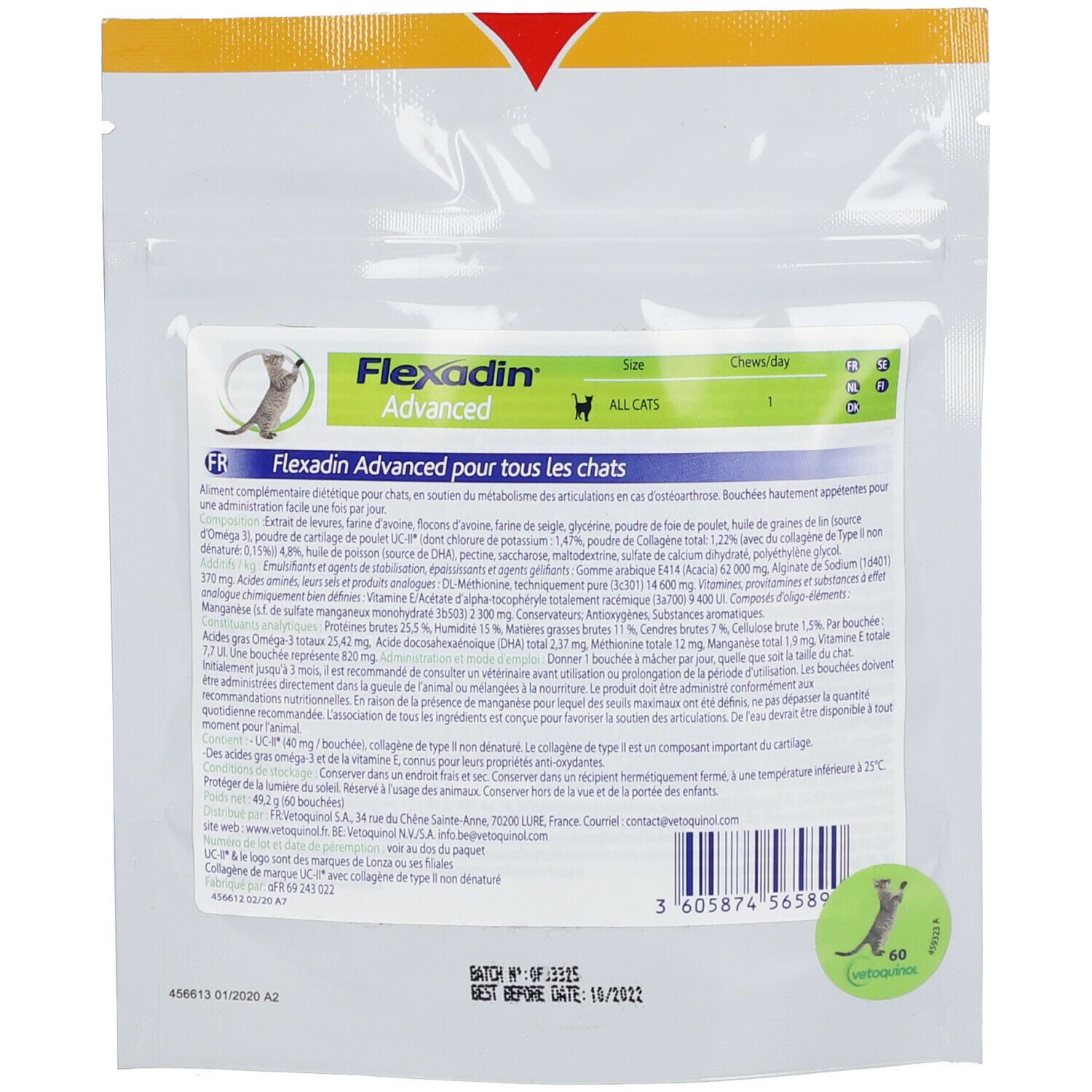 Dos de l'emballage Flexadin Advanced. Contient des informations sur les ingrédients et le dosage.