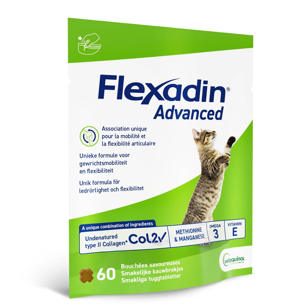 Emballage Flexadin Advanced. Emballage vert avec chat. Contient 60 comprimés à mâcher.