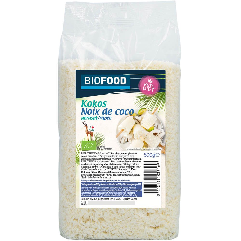 BIOFOOD noix de coco râpée en emballage transparent. Impression avec nom du produit, logo Keto Diet et indication 500g.