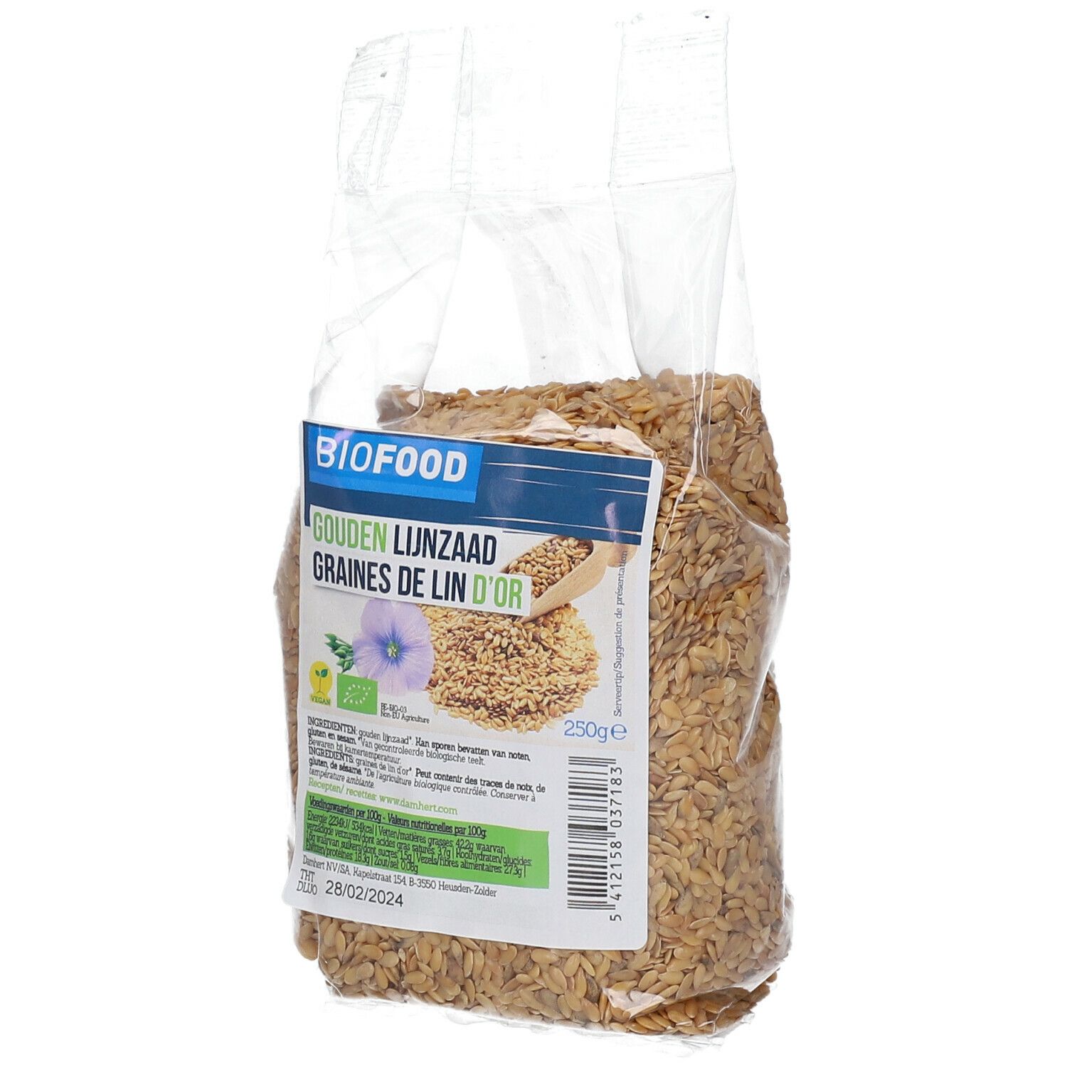 Sachet transparent de graines de lin dorées. Étiquette BIOFOOD avec nom du produit et label bio. Indication 250g.