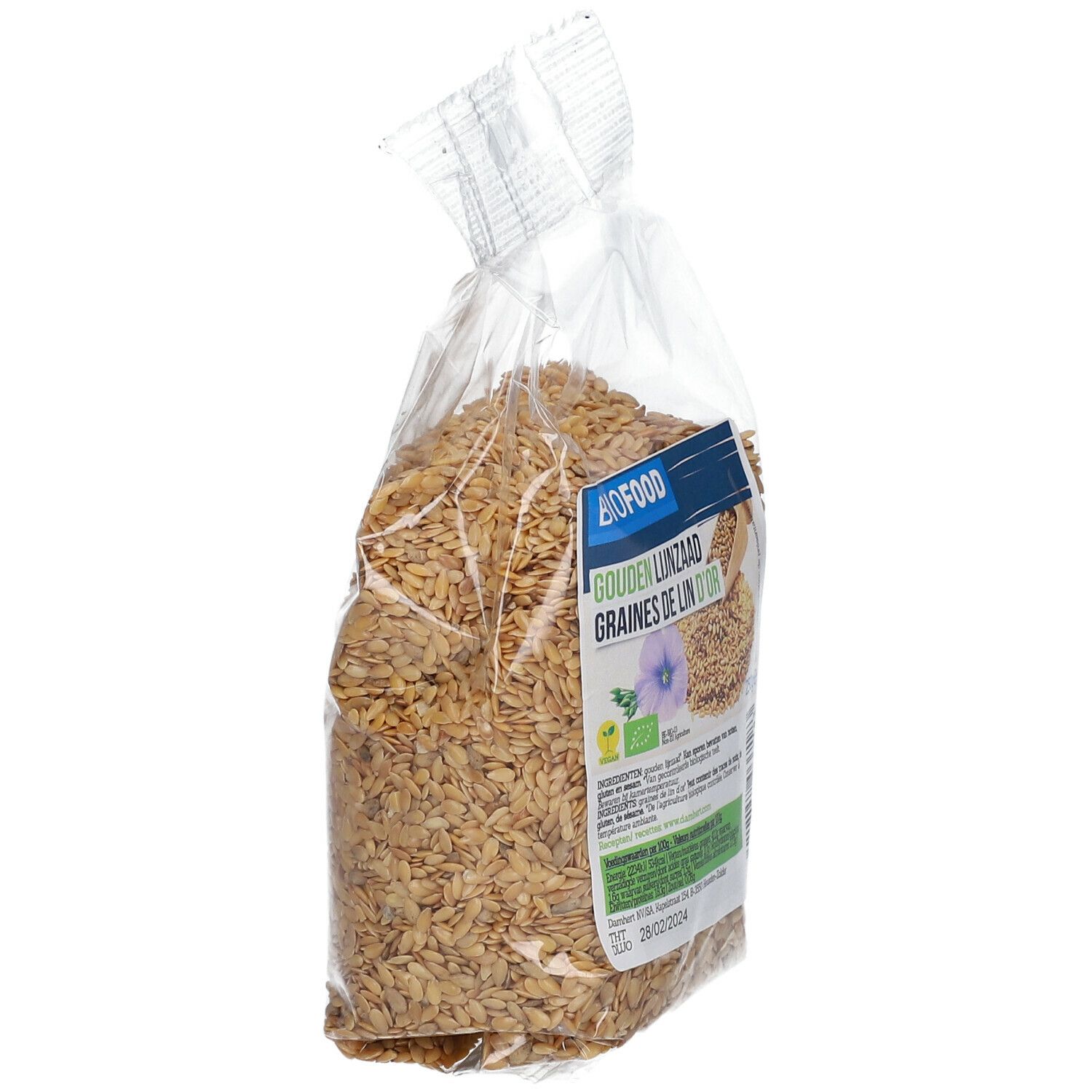 Sachet transparent de graines de lin dorées, légèrement en biais. Étiquette BIOFOOD visible. Nom du produit et label bio.