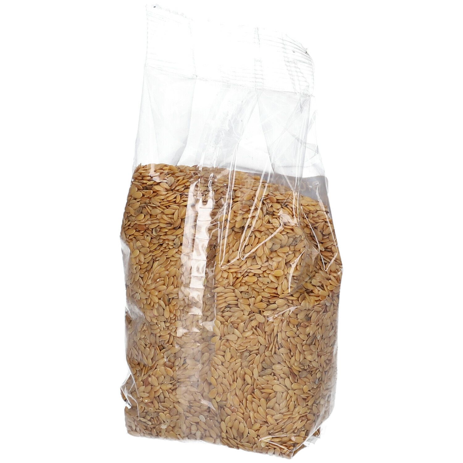 Sachet transparent de graines de lin dorées. Vue latérale. Contenu clairement visible. Aucun autre détail visible.