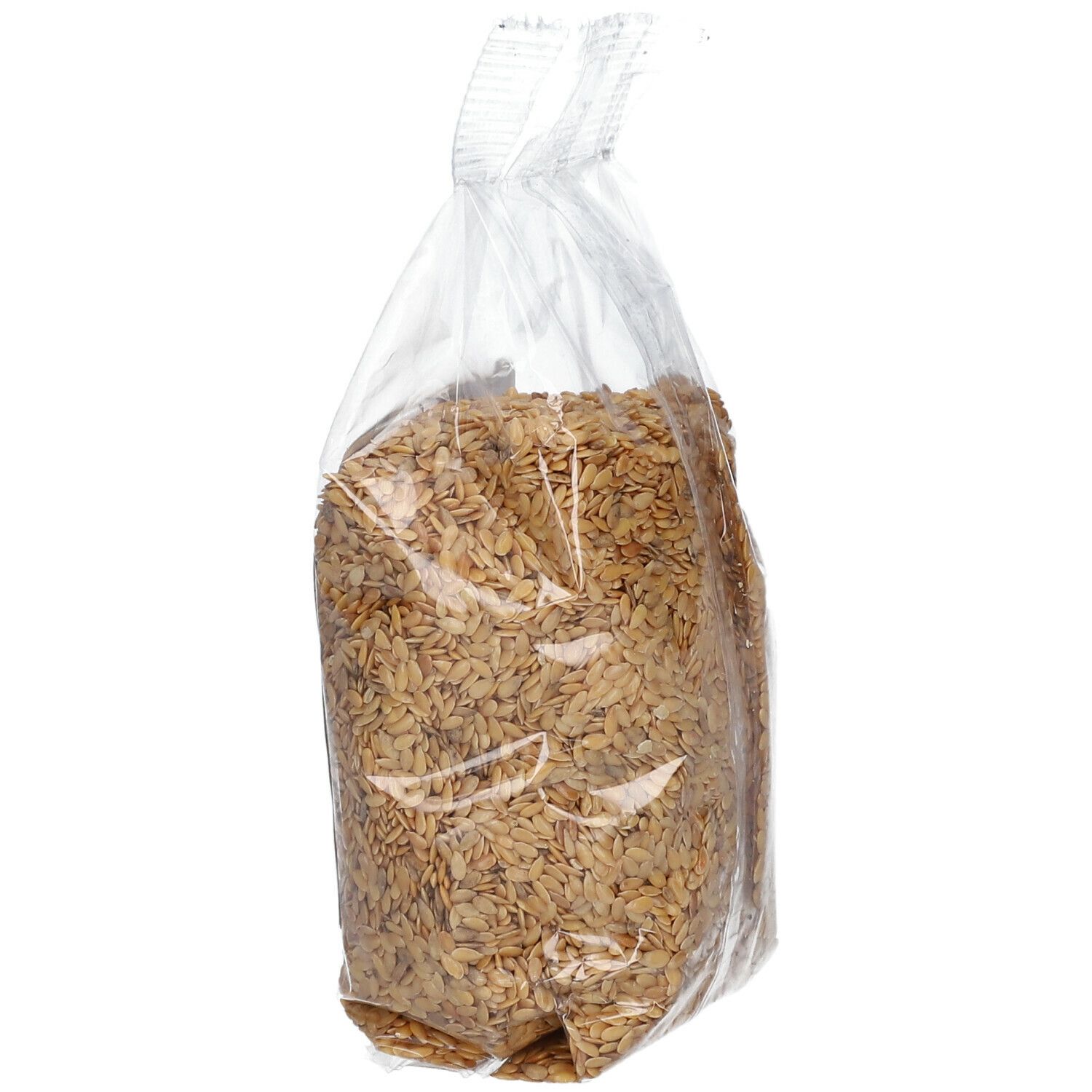 Sachet transparent de graines de lin dorées. Vue oblique. Contenu clairement visible. Aucun autre détail visible.