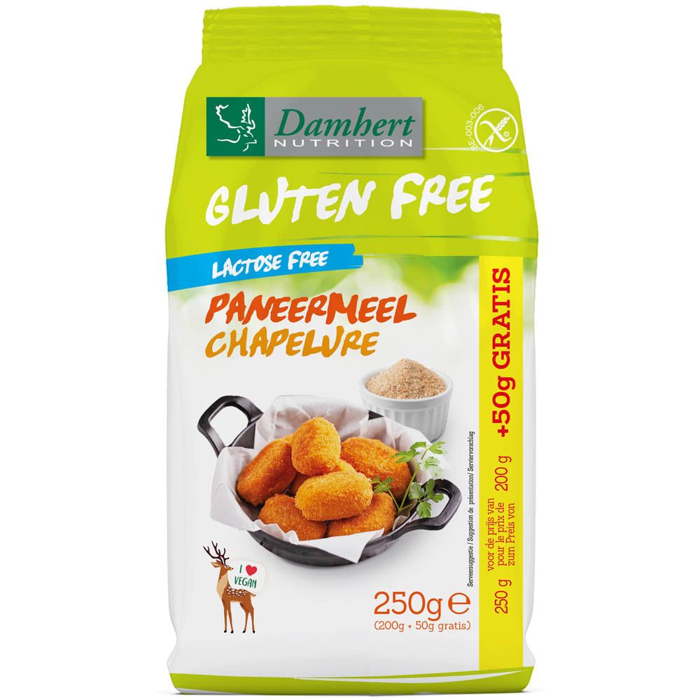 Emballage vert de Damhert Nutrition Paniermehl sans gluten. Contient 250g + 50g gratuits. Illustration d'aliments panés.