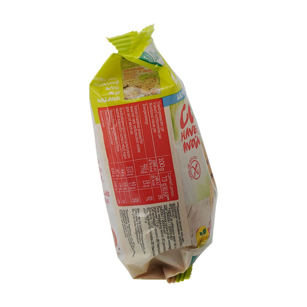 Paquet de biscuits. Inscription: Sans gluten, biscuits à l'avoine. Dos avec informations nutritionnelles et liste des ingrédients.