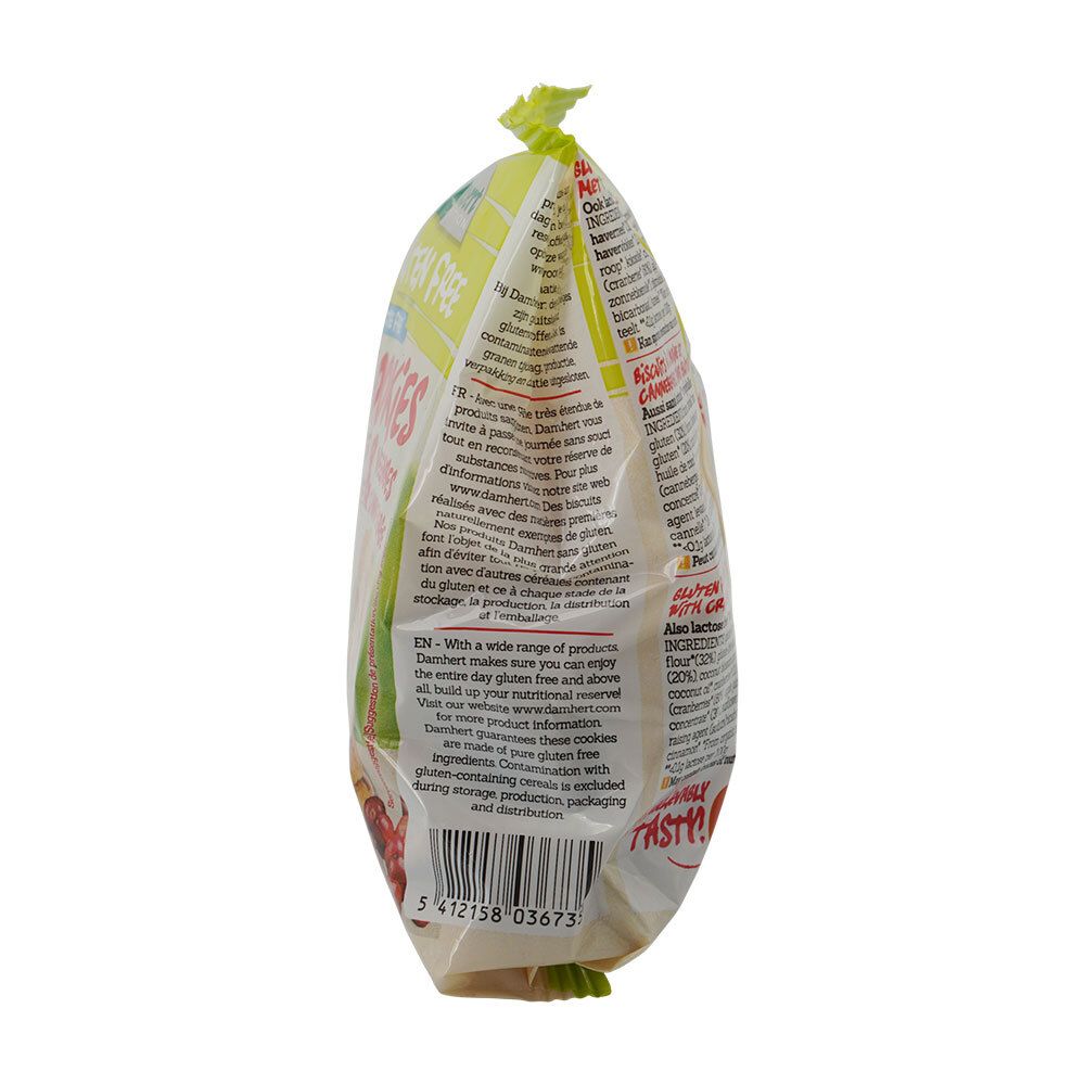 Paquet de biscuits. Inscription: Sans gluten, biscuits à l'avoine. Vue latérale avec liste des ingrédients et informations nutritionnelles. Label bio.