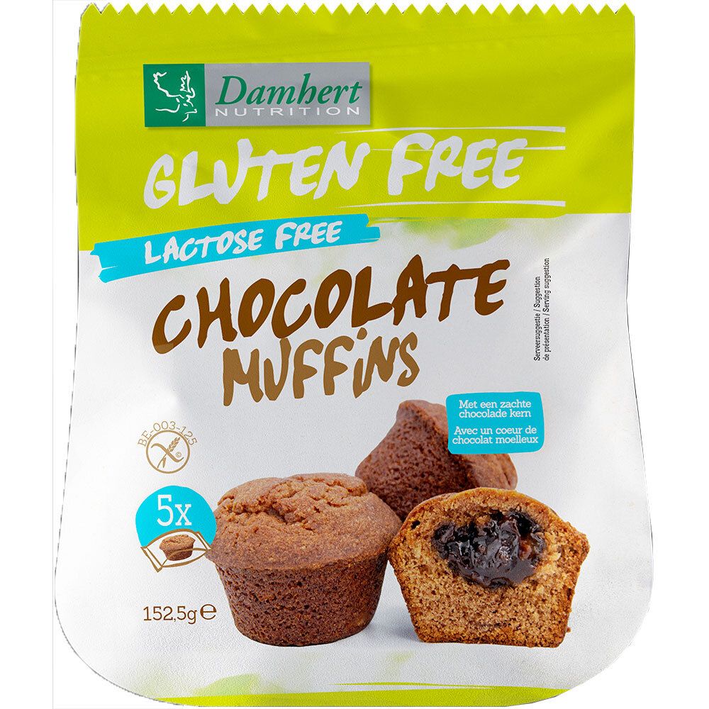 Paquet de muffins au chocolat Damhert, sans gluten et sans lactose. Muffins visibles, un coupé avec cœur chocolat. 5 pièces.