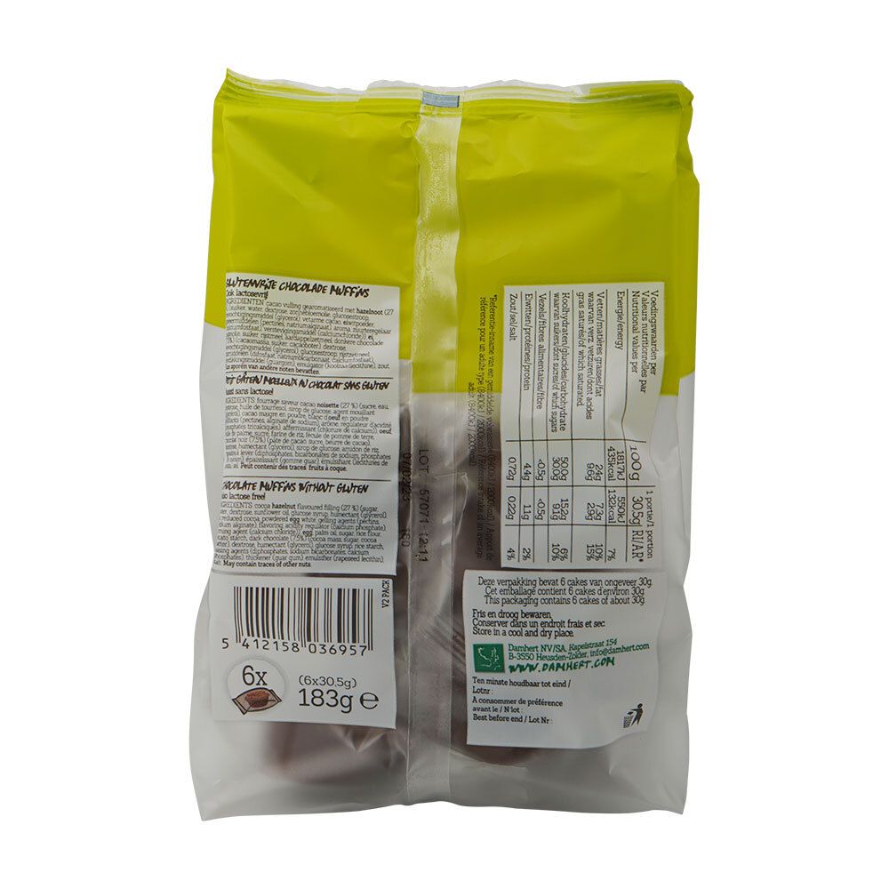 Dos du paquet de muffins au chocolat Damhert. Contient informations nutritionnelles, liste ingrédients et code-barres. 6 muffins.