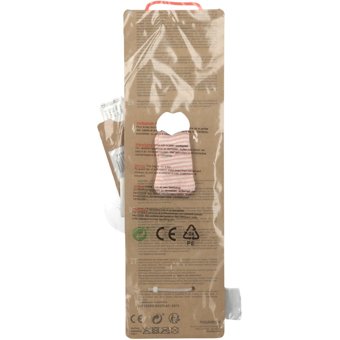 Emballage de chaîne de sucette. Produit rose visible avec un crochet blanc. Marquage CE et symboles de recyclage.