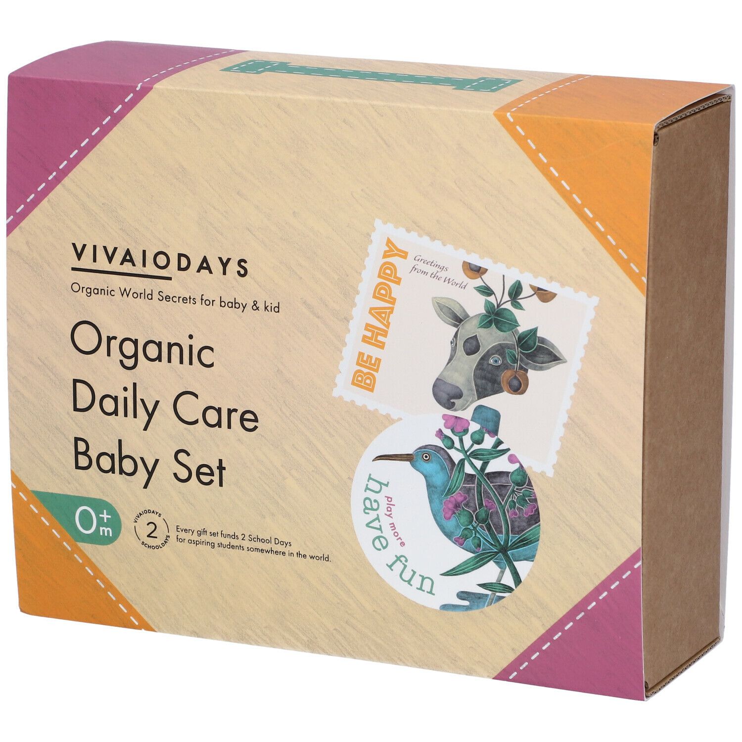 Emballage du coffret de soins pour bébé. Impression avec motifs de vache et d'oiseau, et nom du produit.