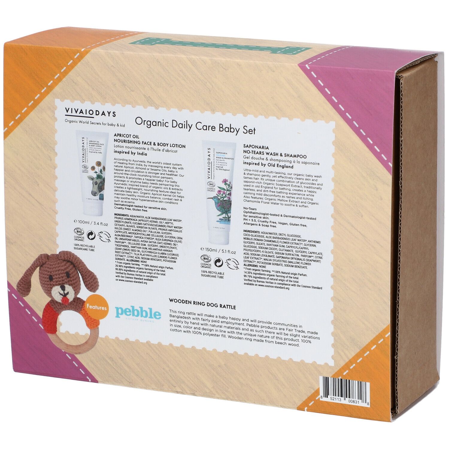 Vue latérale de l'emballage du coffret de soins pour bébé. Informations sur le produit et un anneau de dentition visibles.