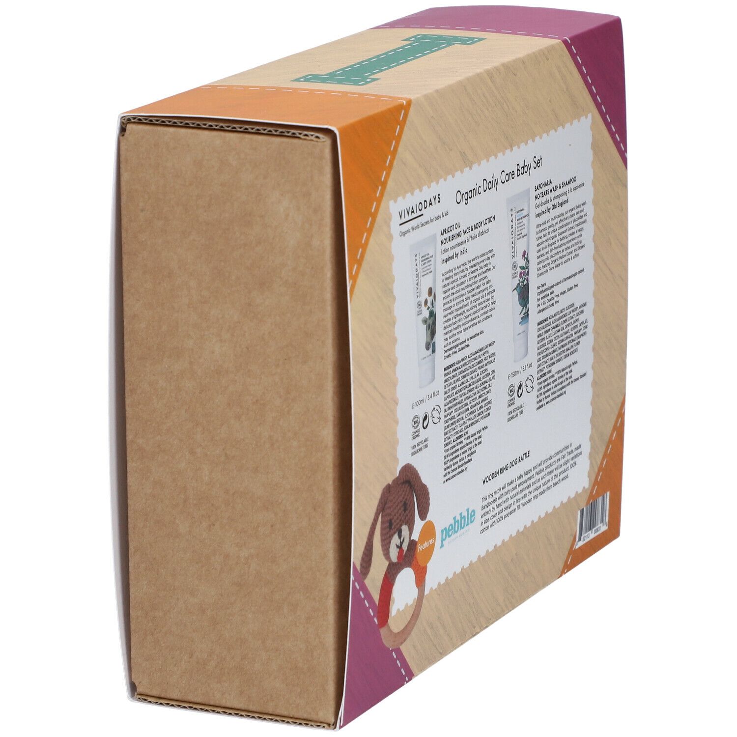 Vue latérale de l'emballage du coffret de soins pour bébé. Informations sur le produit et un anneau de dentition visibles.