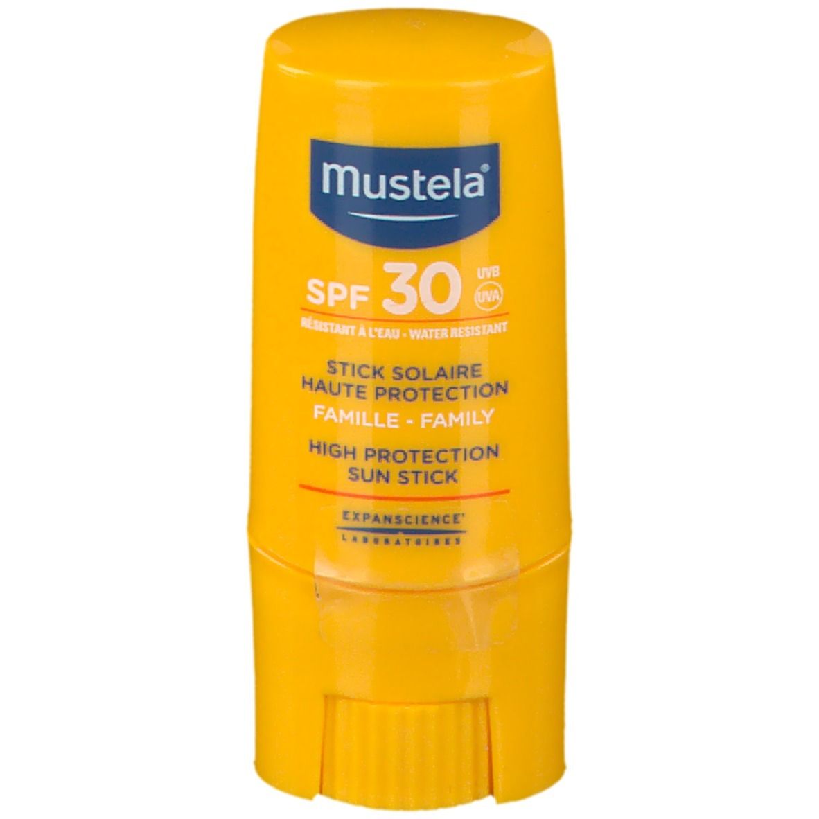 Stick solaire jaune avec texte blanc 'Mustela' et 'SPF 30'.