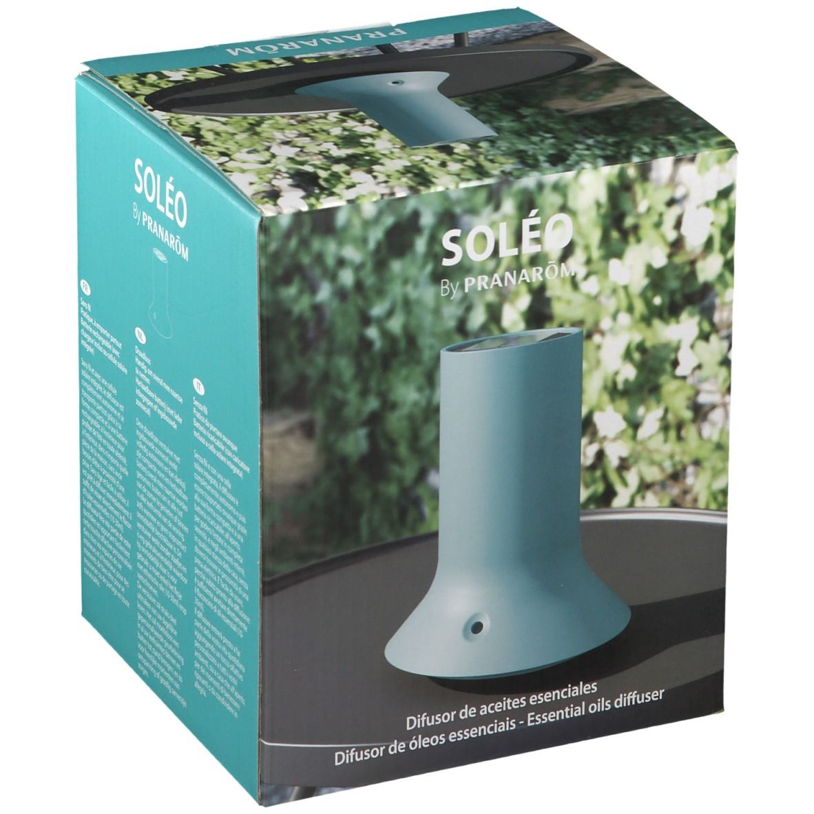 Diffuseur bleu turquoise dans son emballage. Inscription: SOLEO by PRANAROM. Sous-titre: Difusor de aceites esenciales.