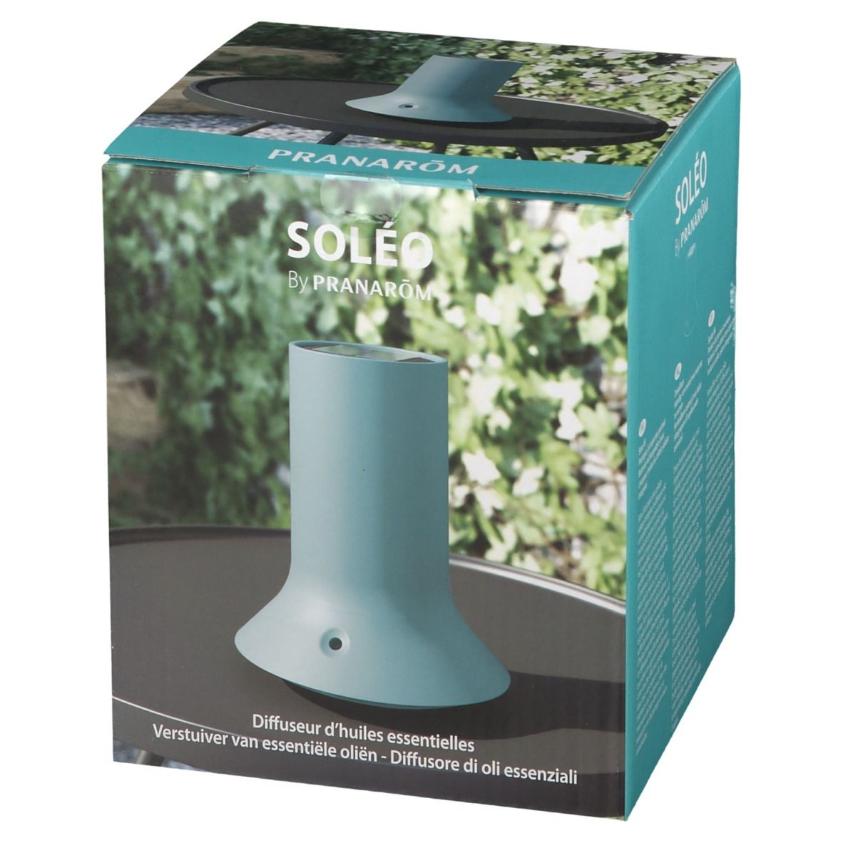 Diffuseur bleu turquoise dans son emballage. Inscription: SOLEO by PRANAROM. Sous-titre: Diffuseur d'huiles essentielles.