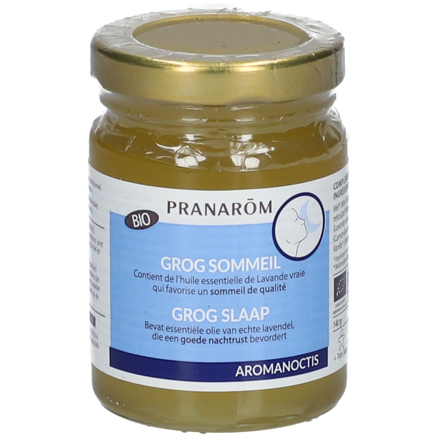 Pot en verre avec couvercle doré. Étiquette avec texte et logo. Certification BIO. Nom du produit et description en français et néerlandais.