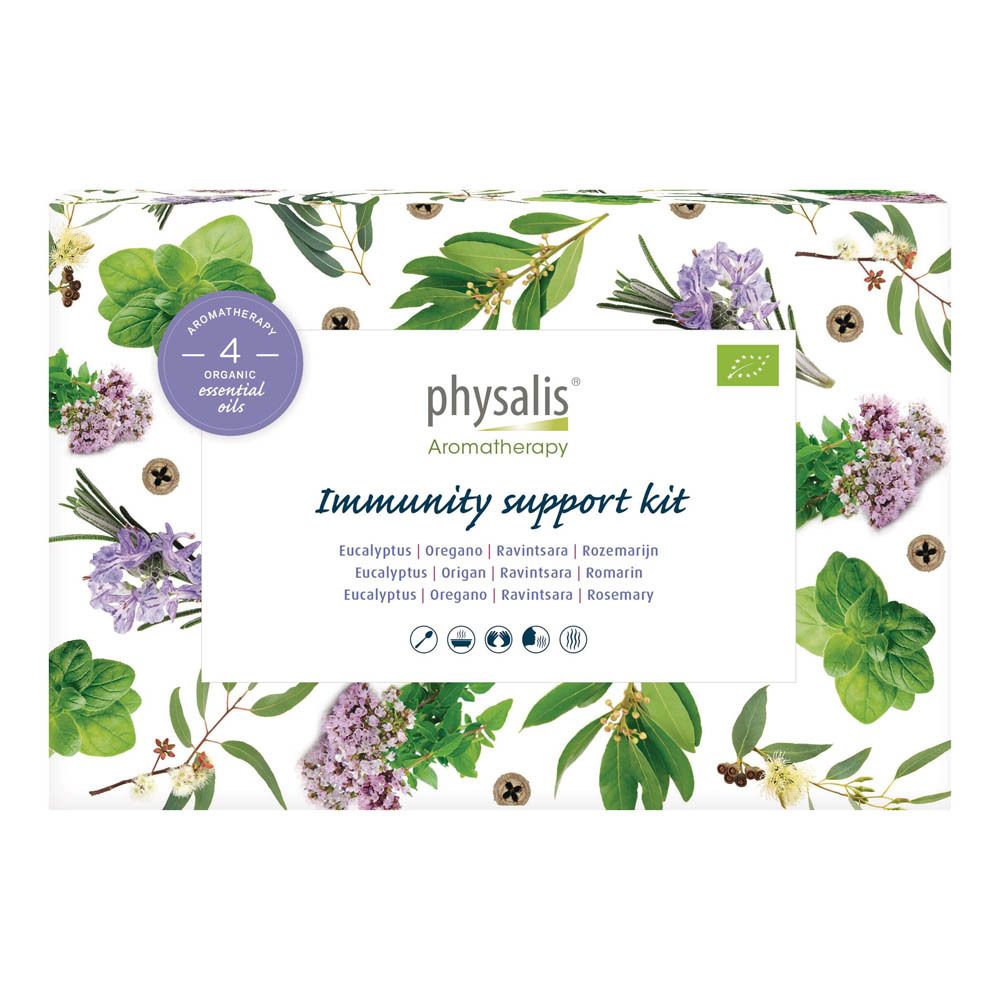 Kit de soutien immunitaire Physalis Aromathérapie. Boîte à motifs floraux. Contient 4 huiles essentielles bio. Label bio UE.