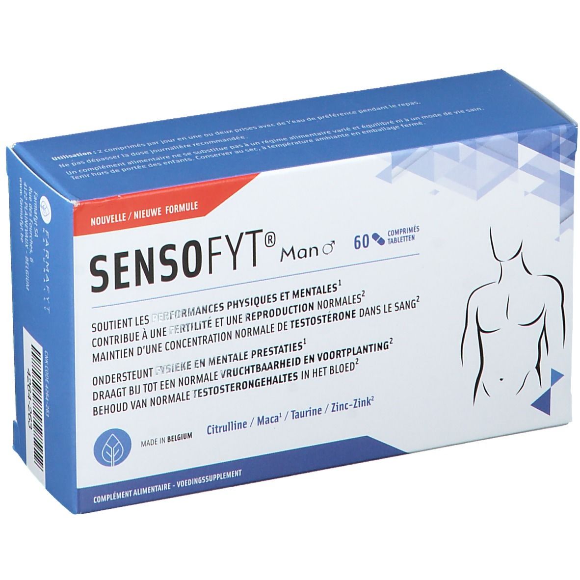 Boîte Sensofyt® Homme. Bleu. Nom du produit, informations et illustration d'un homme. Contient 60 comprimés.