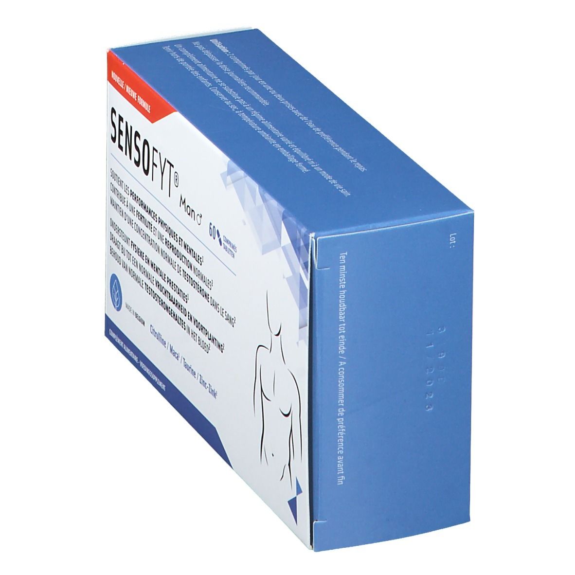 Boîte Sensofyt® Homme. Vue latérale. Bleu. Nom du produit et informations. Illustration d'un homme.