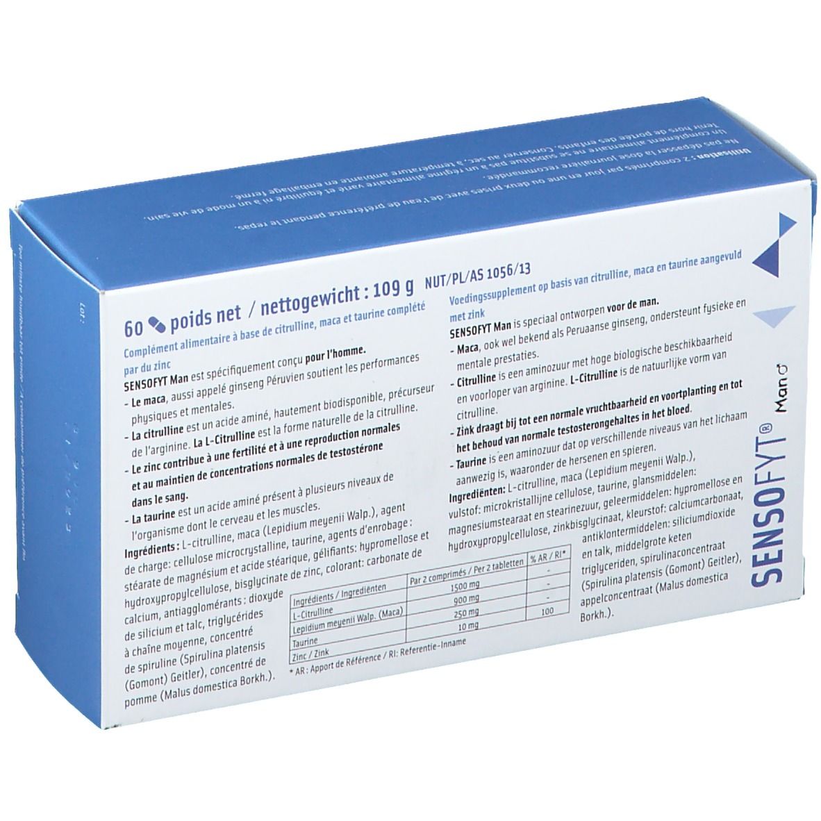 Boîte Sensofyt® Homme. Dos. Bleu. Ingrédients et informations. Contient 60 comprimés.