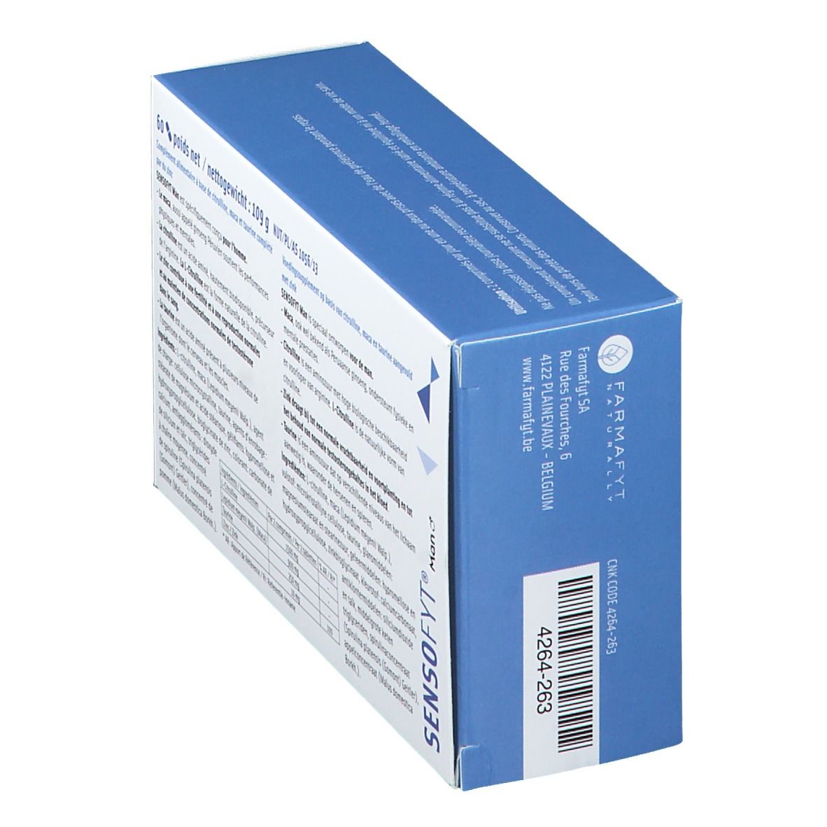 Boîte Sensofyt® Homme. Vue latérale. Bleu. Nom du produit et informations. Code-barres.