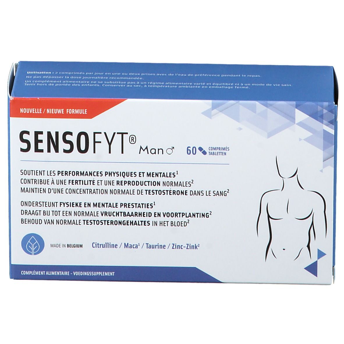 Boîte Sensofyt® Homme. Bleu. Nom du produit, informations et illustration d'un homme. Contient 60 comprimés.