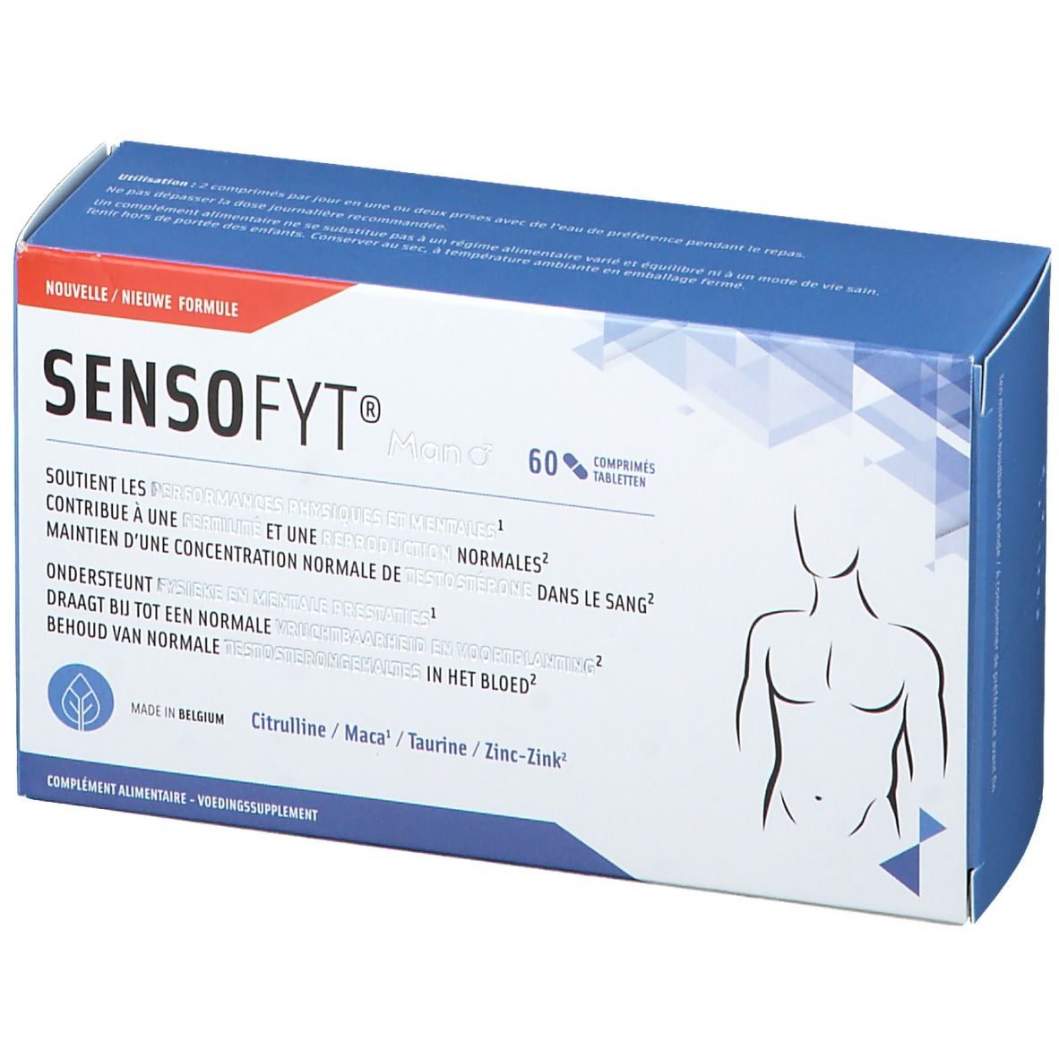 Boîte Sensofyt® Homme. Bleu. Nom du produit, informations. Contient 60 comprimés.