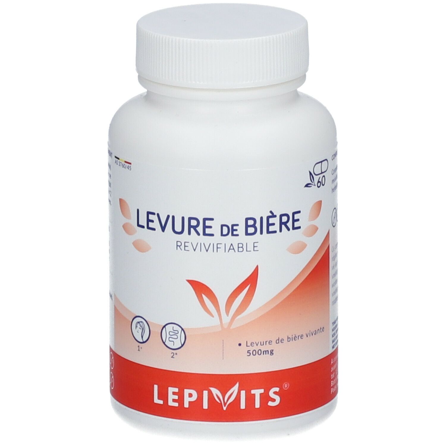 Flacon blanc de gélules. Inscription: LEVURE DE BIÈRE REVIVIFIABLE. Bande rouge avec LEPIVITS.