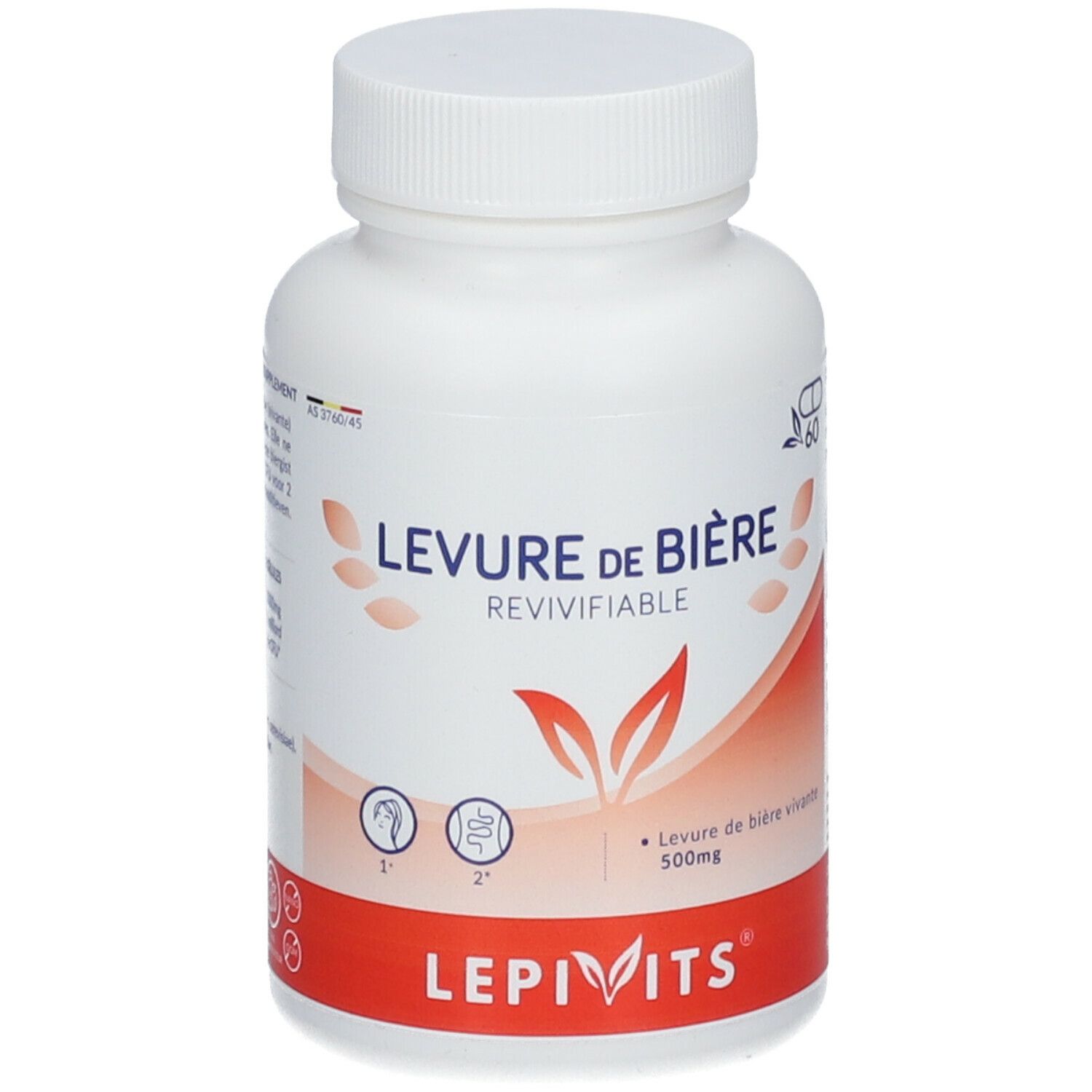 Flacon blanc de gélules. Inscription: LEVURE DE BIÈRE REVIVIFIABLE. Bande rouge avec LEPIVITS.