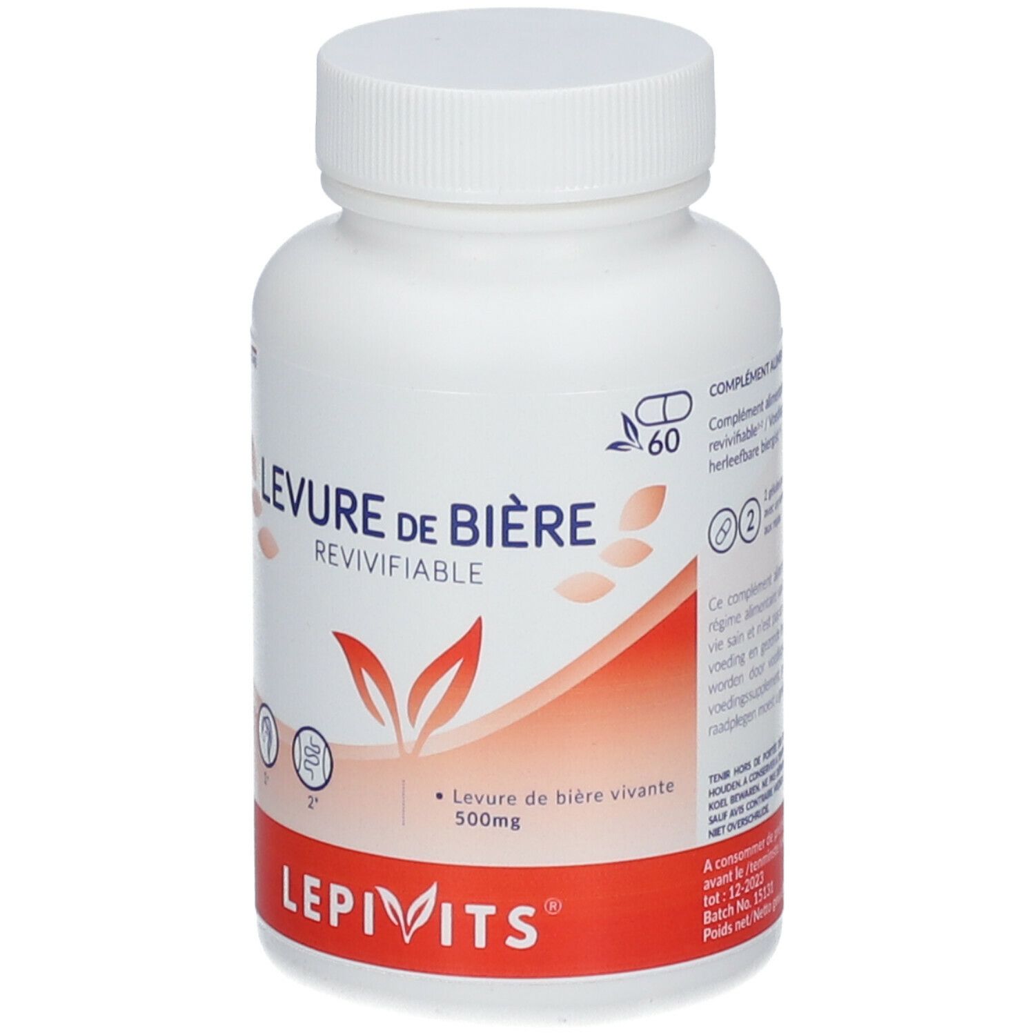 Flacon blanc de gélules. Inscription: LEVURE DE BIÈRE REVIVIFIABLE. 60 gélules. Bande rouge avec LEPIVITS.