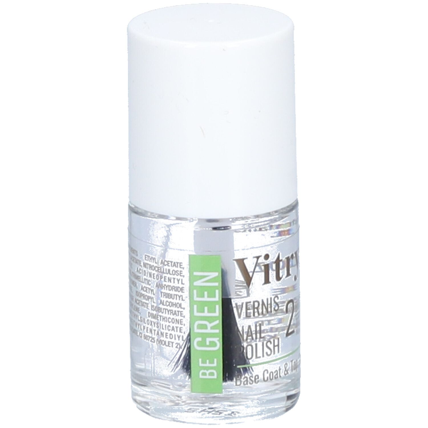 Flacon de vernis à ongles transparent avec bouchon blanc. Étiquette avec ingrédients et "BE GREEN". Pinceau visible.