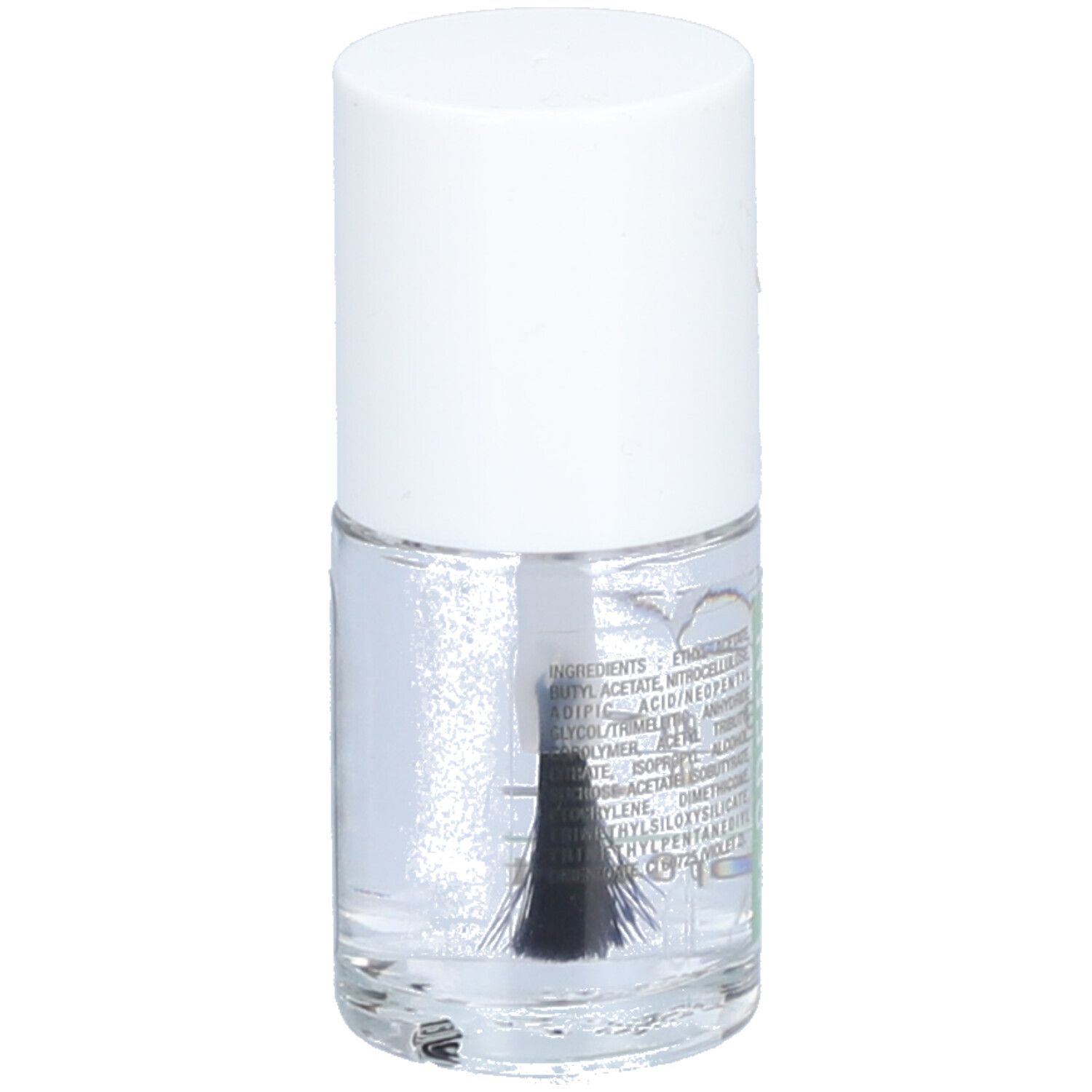 Flacon de vernis à ongles transparent avec bouchon blanc. Étiquette avec ingrédients. Pinceau visible.