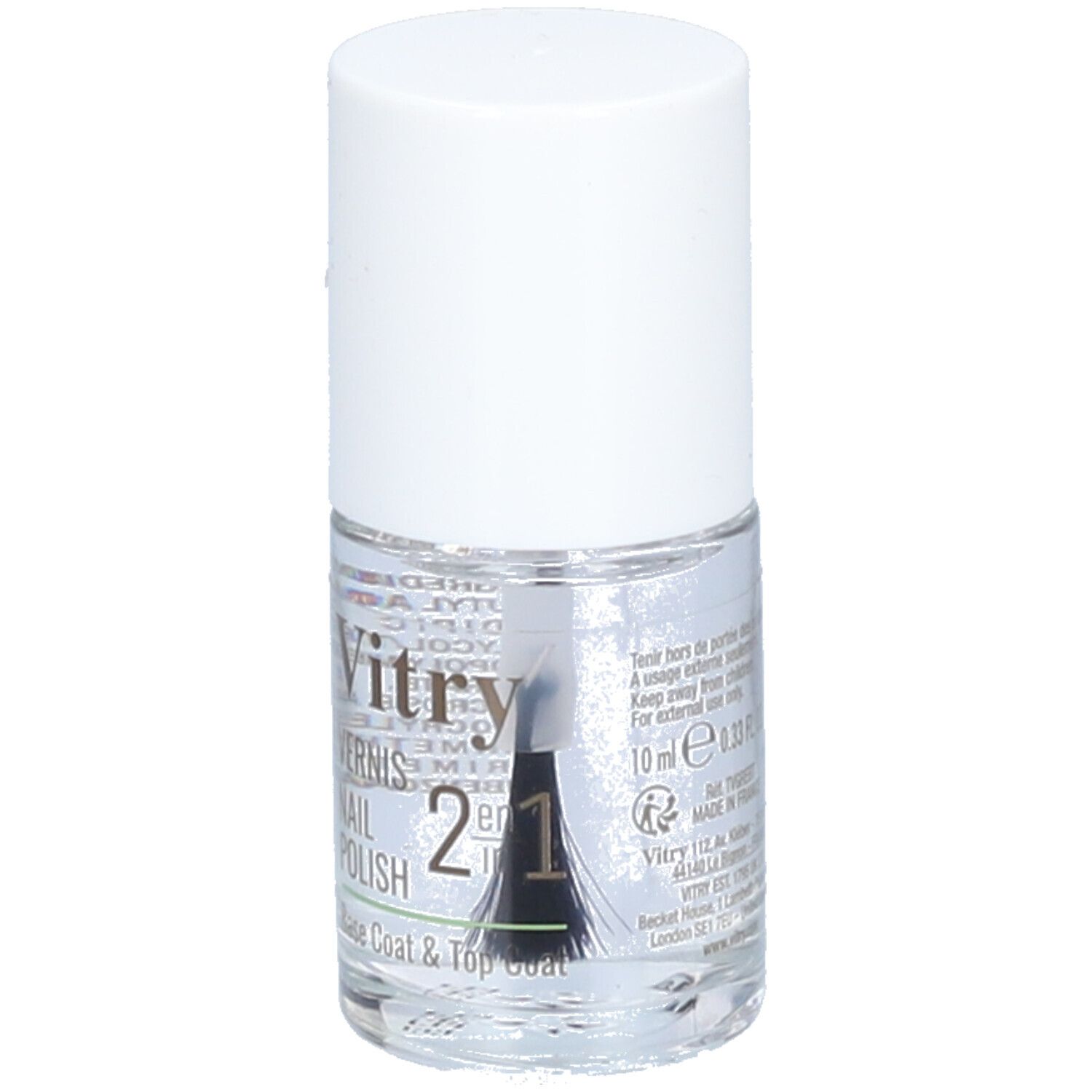 Flacon de vernis à ongles transparent avec bouchon blanc. Étiquette avec nom du produit "Vitry 2 en 1". Pinceau visible.