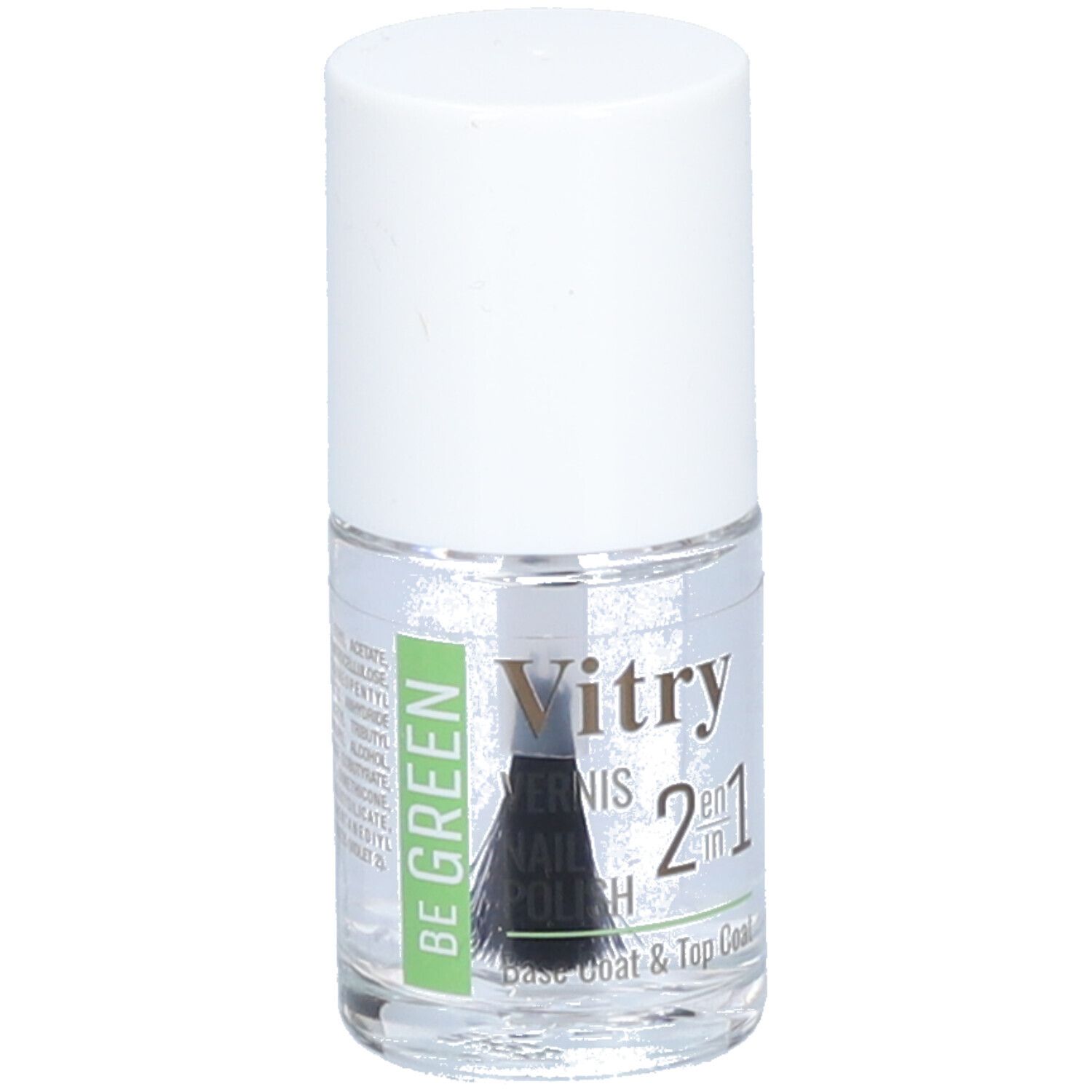 Flacon de vernis à ongles transparent avec bouchon blanc. Étiquette "Vitry BE GREEN 2 en 1". Pinceau visible.