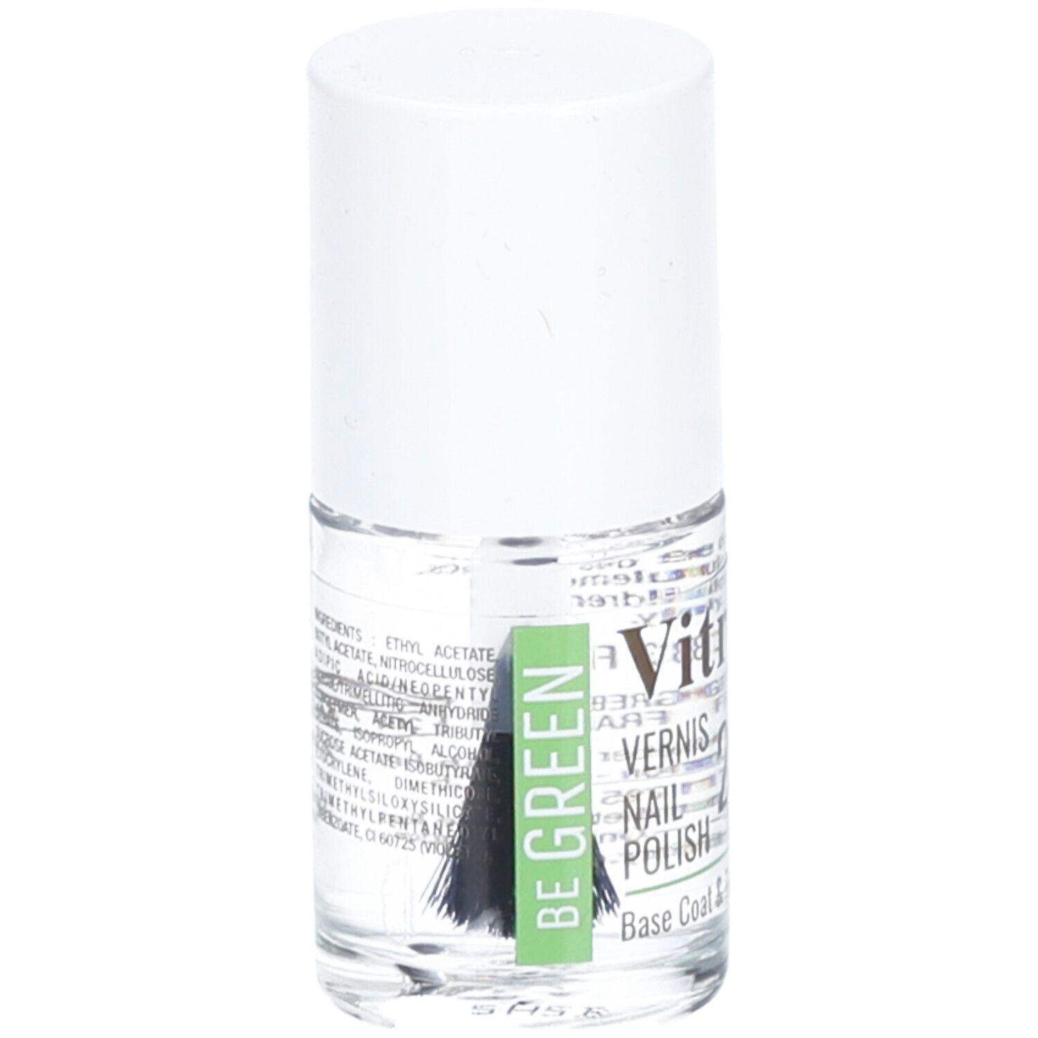 Flacon de vernis à ongles transparent avec bouchon blanc. Étiquette avec ingrédients et "BE GREEN". Pinceau visible.