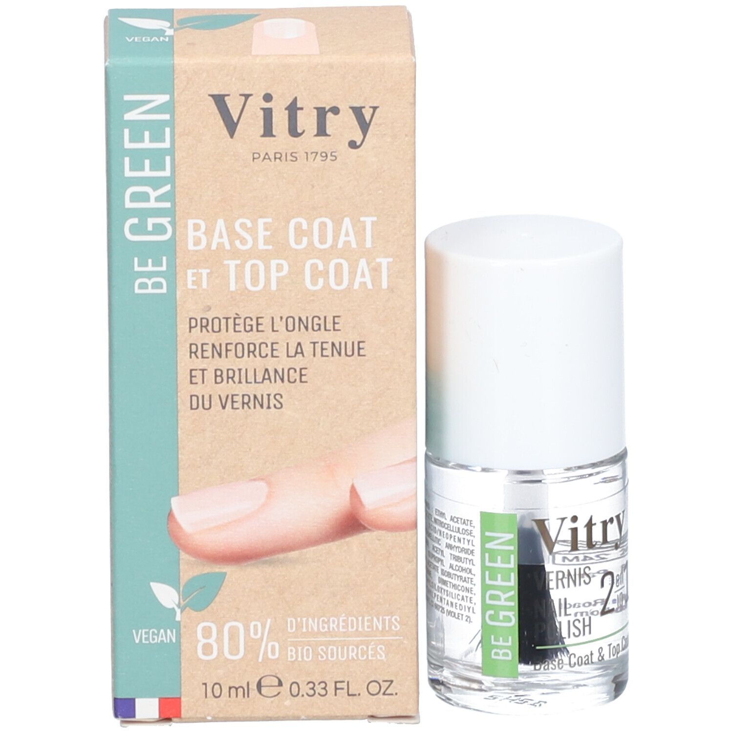 Flacon de vernis à ongles à côté de l'emballage. Emballage avec nom du produit, ingrédients et logo. Flacon avec pinceau.