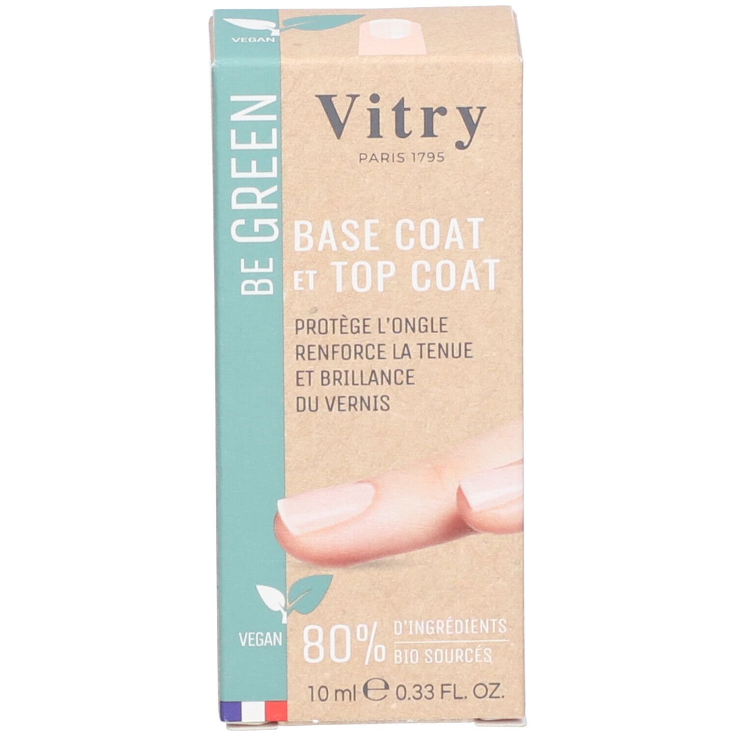 Emballage avec nom du produit, ingrédients et logo. Logo vegan et 80% de sources biologiques.