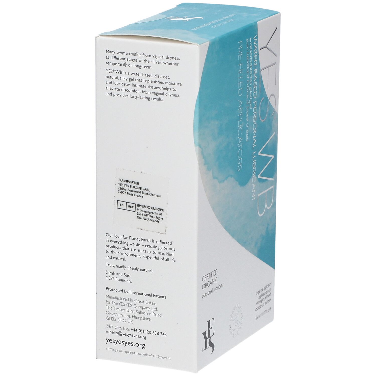 YES WB Water-Based Personal Lubricant Applicateurs Unidoses
