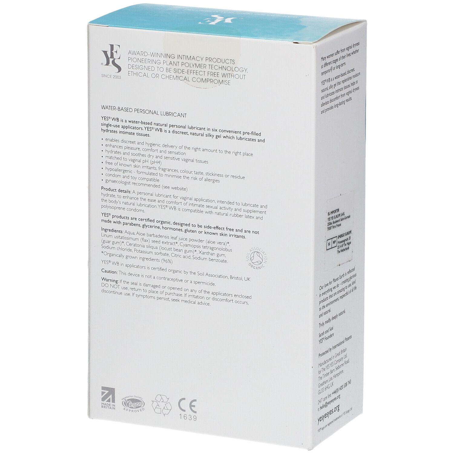 YES WB Water-Based Personal Lubricant Applicateurs Unidoses