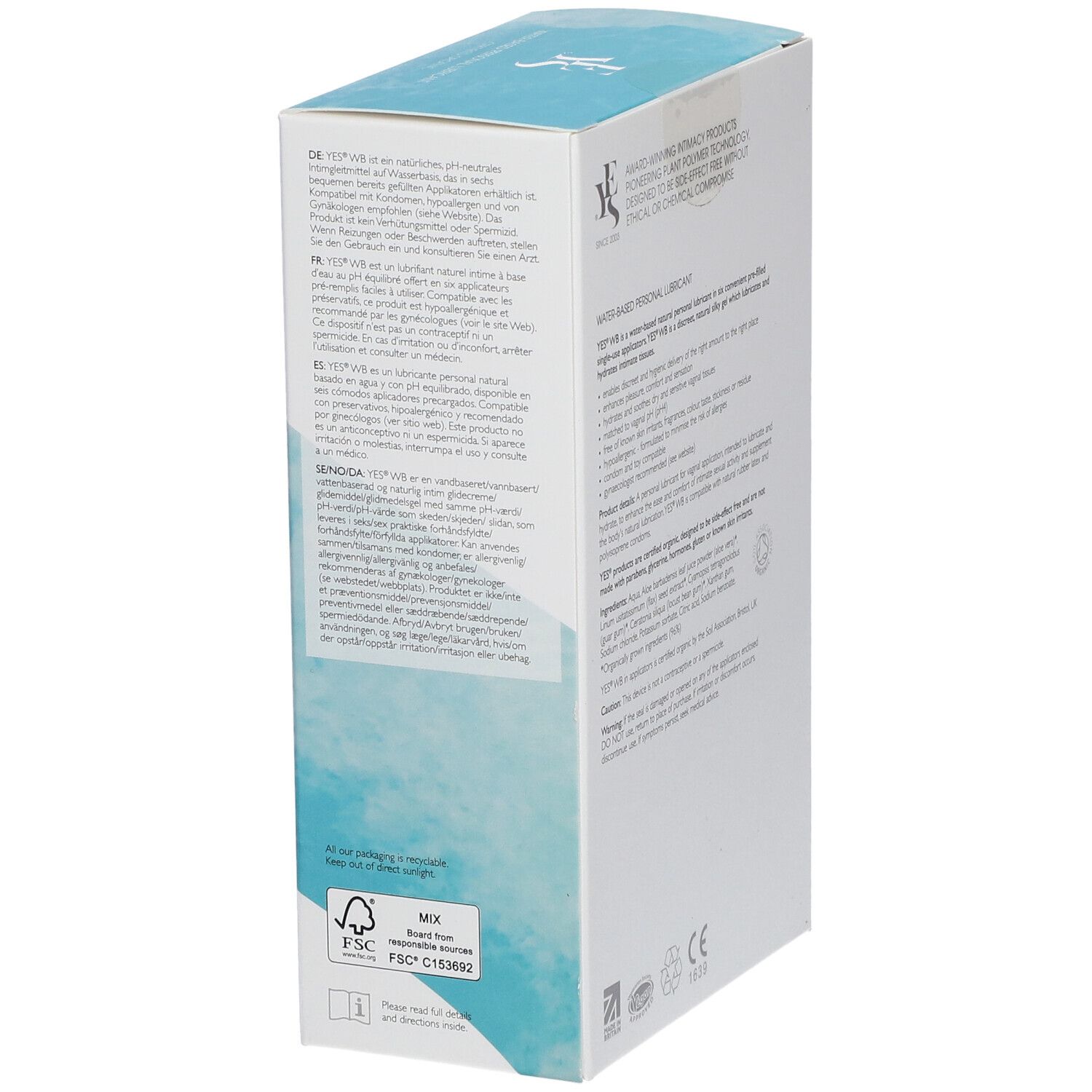 YES WB Water-Based Personal Lubricant Applicateurs Unidoses