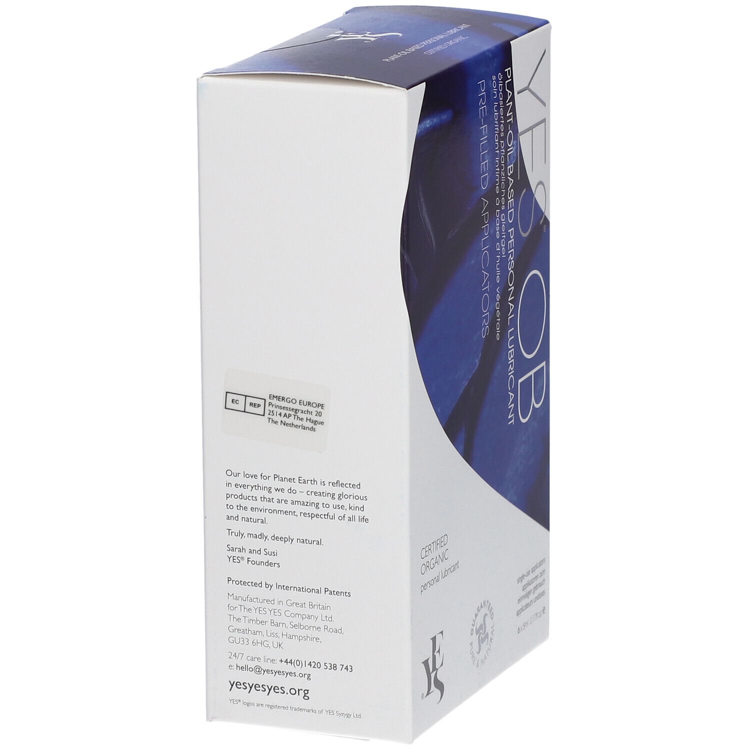 Vue latérale de l'emballage YES® OB. Texte et logos sur fond blanc, accents bleus.