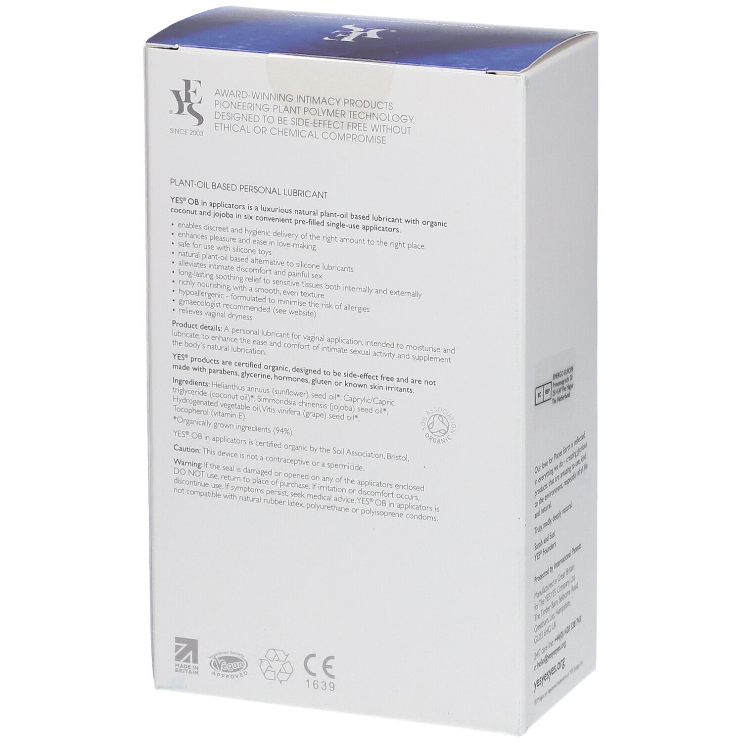 Dos de l'emballage YES® OB. Informations textuelles, logos et certifications.