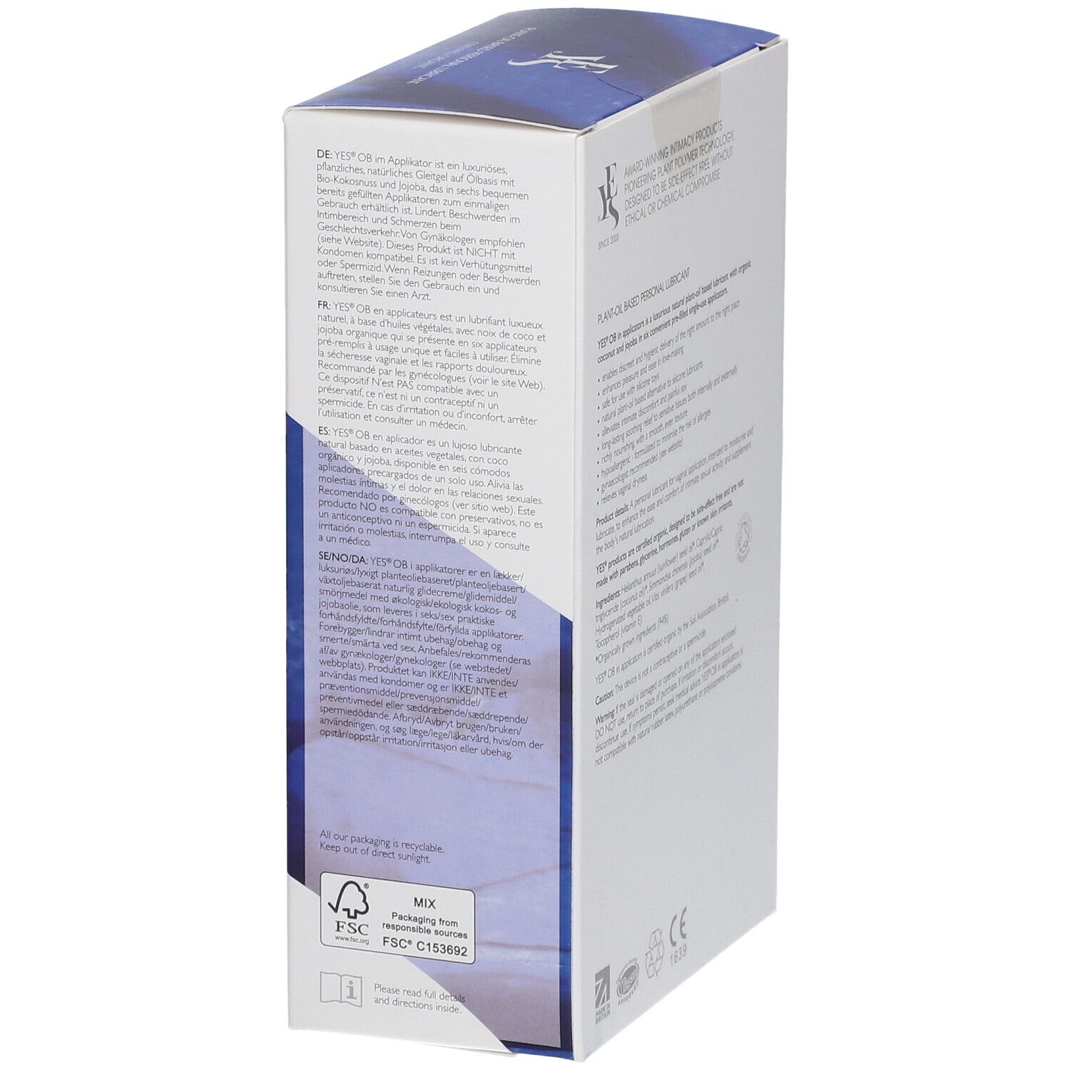 Vue latérale de l'emballage YES® OB. Texte, logos et certifications.