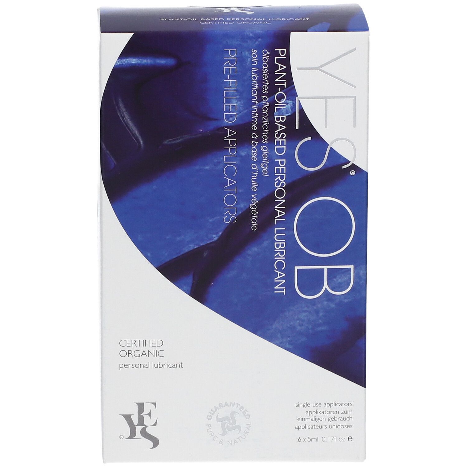 Vue de face de l'emballage YES® OB. Boîte bleue et blanche avec informations et logo.