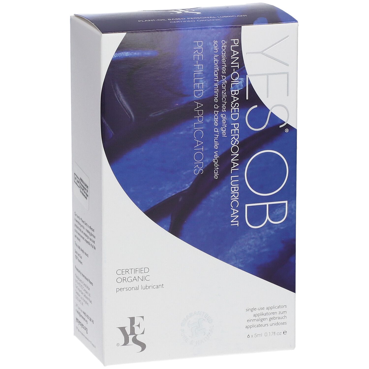 Emballage YES® OB. Boîte bleue et blanche avec informations et logo. 6 applicateurs.